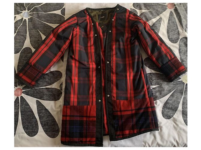 Maje Mantel aus Baumwolle Khaki und Rot Schwarz Kariert - Ansicht 15