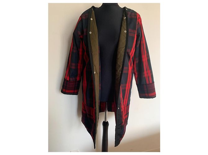 Maje Mantel aus Baumwolle Khaki und Rot Schwarz Kariert - Ansicht 5
