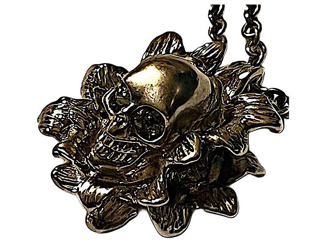 Echter Alexander McQueen Silberplattierter Blumen-Schädel-Halskette Silber Hardware - Ansicht 3