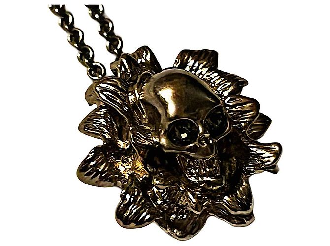 Echter Alexander McQueen Silberplattierter Blumen-Schädel-Halskette Silber Hardware - Ansicht 4