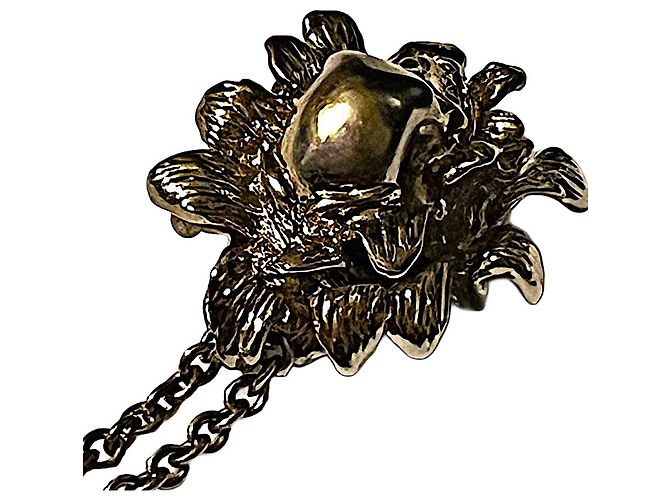 Echter Alexander McQueen Silberplattierter Blumen-Schädel-Halskette Silber Hardware - Ansicht 6