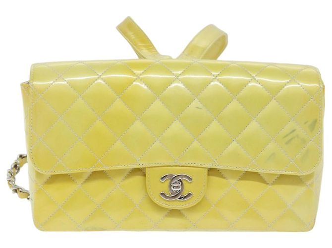 CHANEL Matelassé Rucksack Lackleder Gelb Silber CC Auth 89374 - Ansicht 13