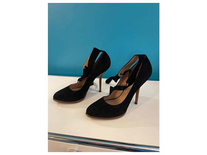 Céline Black Leather and Suede Heels with Strap - view 4