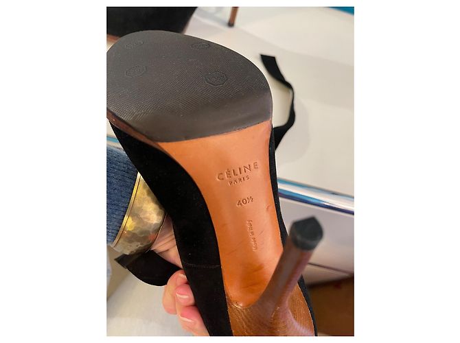 Céline Black Leather and Suede Heels with Strap - view 5
