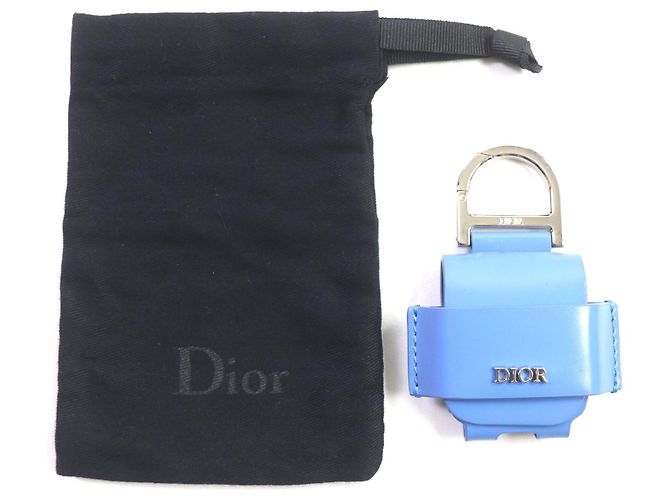 Custodia in pelle per auricolari con logo in metallo DIOR e portachiavi Blu - vista 10