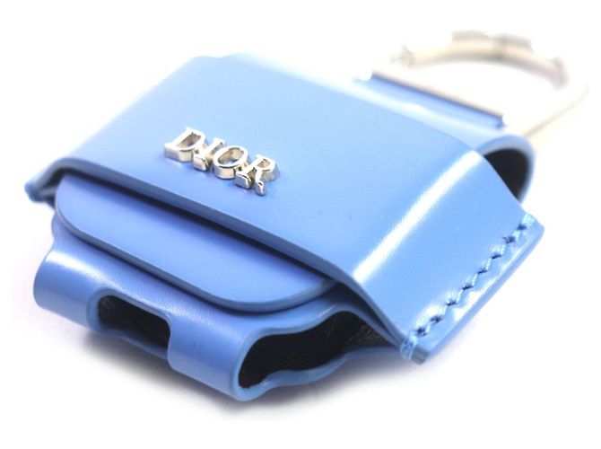 Custodia in pelle per auricolari con logo in metallo DIOR e portachiavi Blu - vista 3