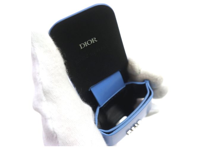 Custodia in pelle per auricolari con logo in metallo DIOR e portachiavi Blu - vista 4