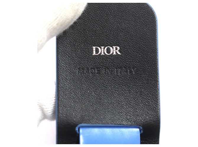Custodia in pelle per auricolari con logo in metallo DIOR e portachiavi Blu - vista 6