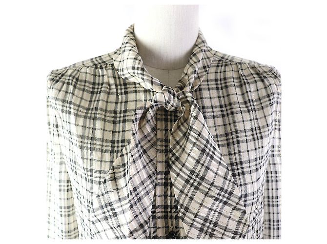 Yves Saint Laurent Blusa de seda con lazo Saint Laurent 34 Beige Negro - vista 4