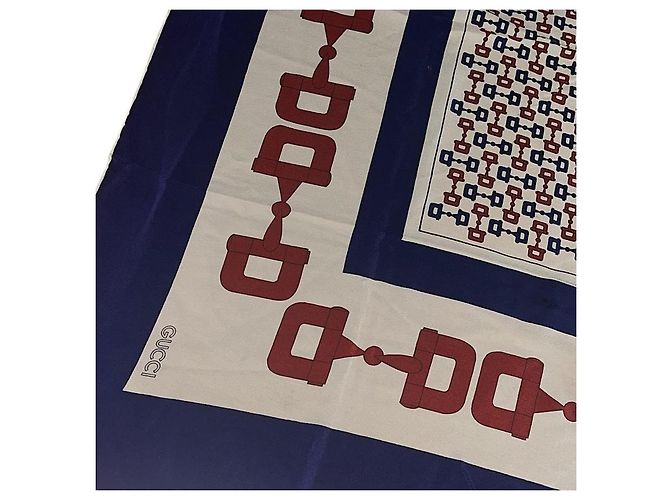 Authentischer Vintage Gucci Seidenschal mit Pferdegebiss-Motiv Blau - Ansicht 2