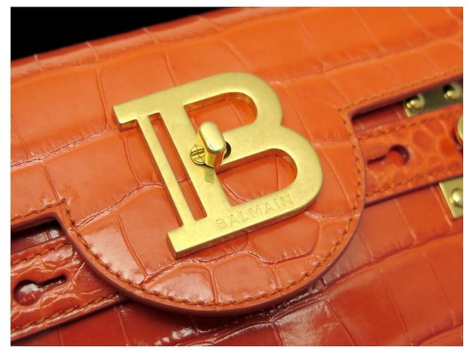 NINE BALMAIN B BUZZ 23 CROCODILE-STYLE LEATHER ORANGE SHOULDER BAG - view 5