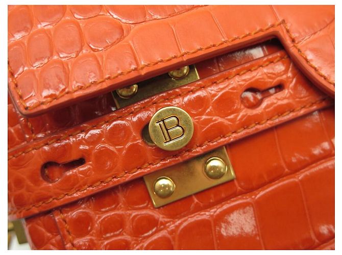 NINE BALMAIN B BUZZ 23 CROCODILE-STYLE LEATHER ORANGE SHOULDER BAG - view 6