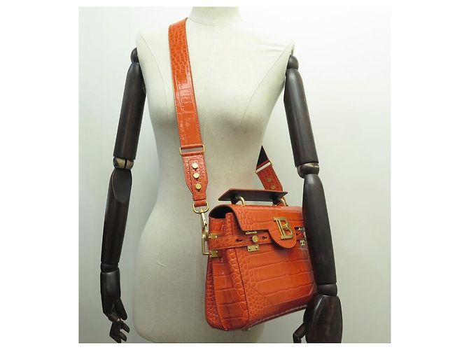 NINE BALMAIN B BUZZ 23 CROCODILE-STYLE LEATHER ORANGE SHOULDER BAG - view 9