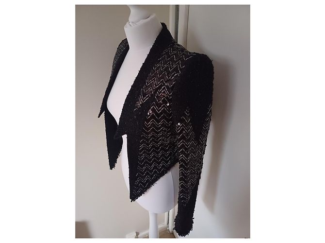Balmain Black Tweed Short Jacket with Sequins - view 3