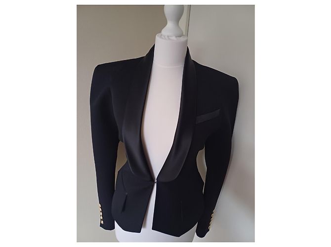 Balmain Black Wool Blazer with Silk Satin Shawl Collar - view 2