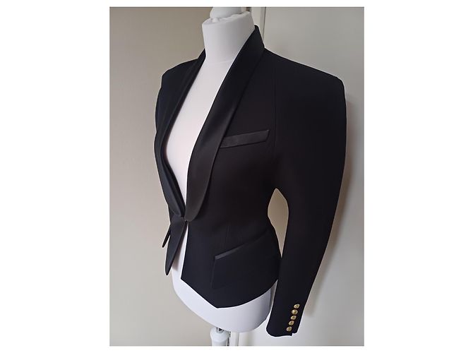 Balmain Black Wool Blazer with Silk Satin Shawl Collar - view 4