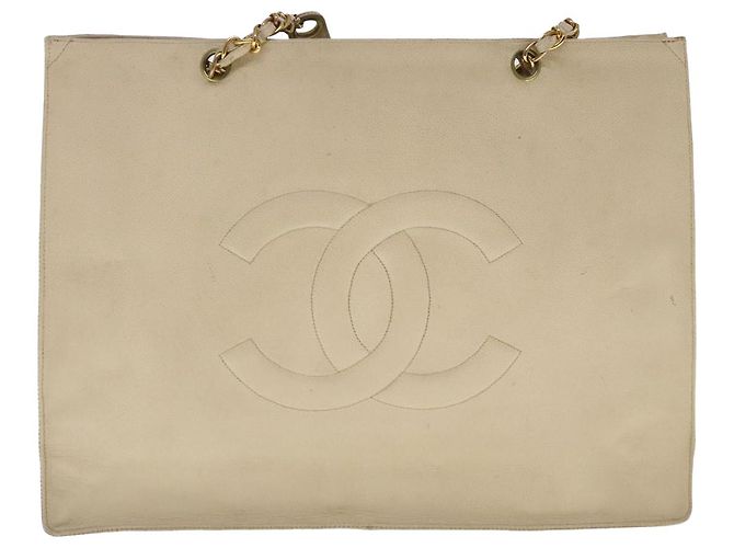 CHANEL COCO Borsa Tote Mark Chain Pelle Caviar Beige Oro CC Auth bs18886 D'oro - vista 2