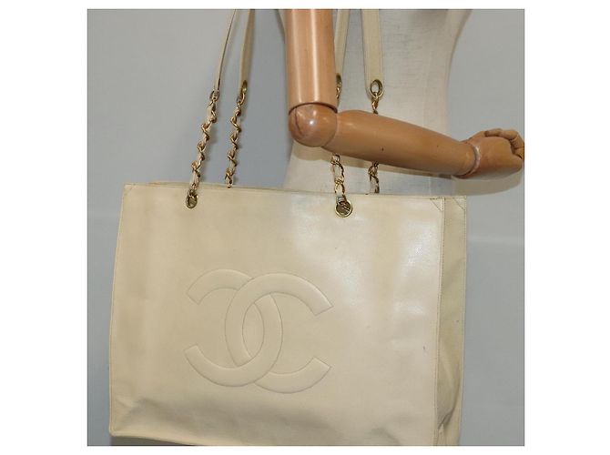 CHANEL COCO Borsa Tote Mark Chain Pelle Caviar Beige Oro CC Auth bs18886 D'oro - vista 23