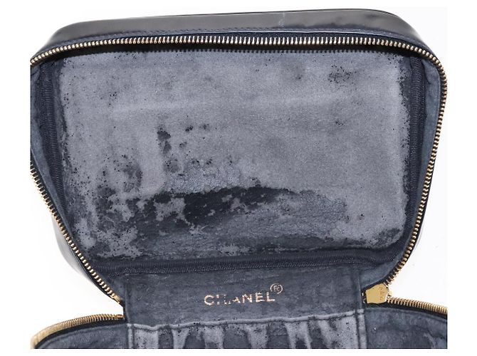 Vanity CHANEL COCO Marca pochette da trucco Pelle verniciata Nera Oro CC Auth 94464 Nero D'oro - vista 17