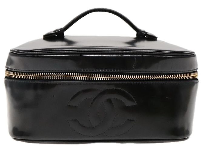 Vanity CHANEL COCO Marca pochette da trucco Pelle verniciata Nera Oro CC Auth 94464 Nero D'oro - vista 2