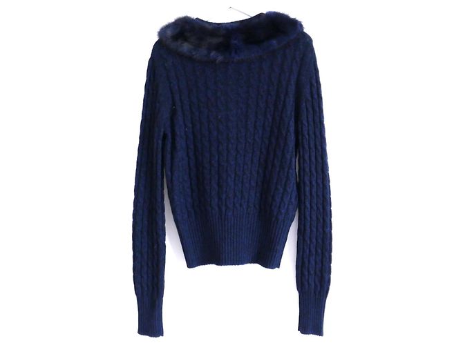 Prada Cashmere-Mink-Kragen-Cardigan Schwarz Marineblau - Ansicht 4