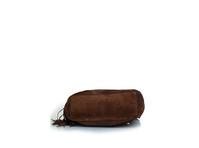 Chanel, borsa tote in suede marrone con logo CC e nappina - vista 5