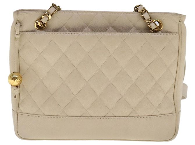 CHANEL Sac à épaule Matelassé Chaîne Cuir Caviar Beige CC Auth bs18887 - vue 13