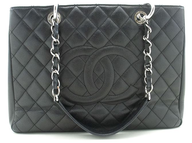 CHANEL Grande Bolsa de Compras GST 13" em Couro de Bezerro Texturizado com Corrente Preto - vista 2