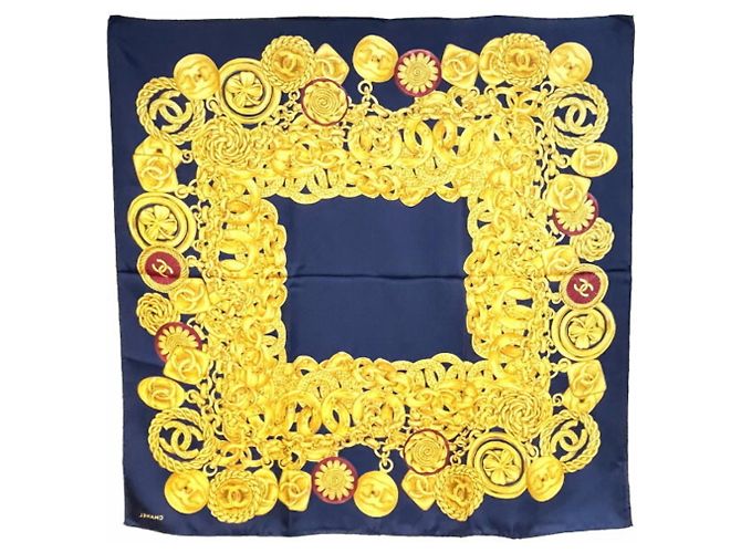 Foulard in seta Chanel in blu navy e giallo - vista 2