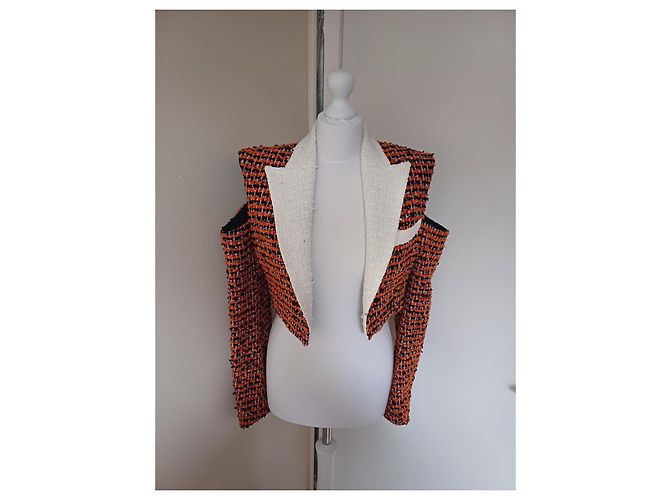 Balmain Jacke aus orangefarbenem Tweed mit Cut Out Schultern - Ansicht 2