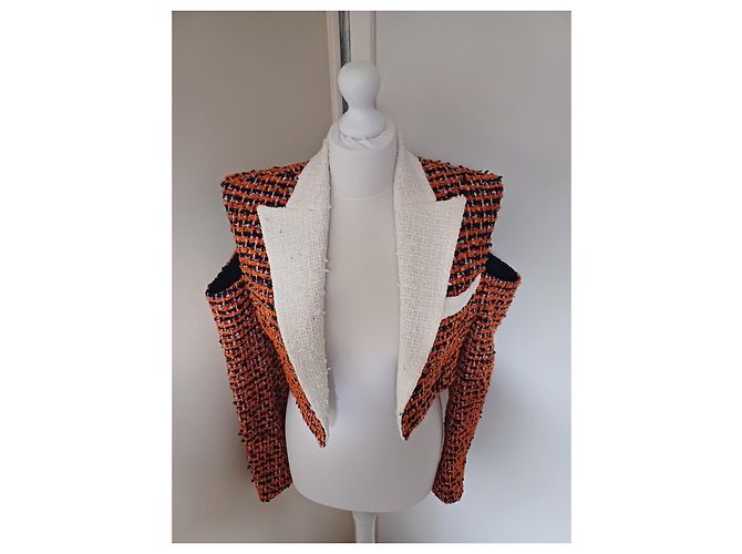 Balmain Jacke aus orangefarbenem Tweed mit Cut Out Schultern - Ansicht 3