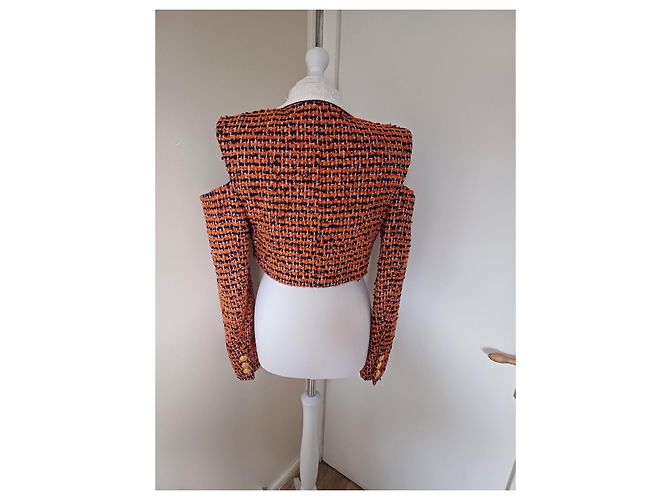 Balmain Jacke aus orangefarbenem Tweed mit Cut Out Schultern - Ansicht 6