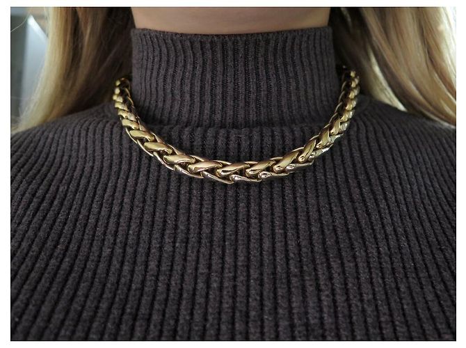 COLLANA VINTAGE O.J. PERRIN MAGLIA PALMA IN ORO GIALLO 18K 2 TONI 112GR - vista 8