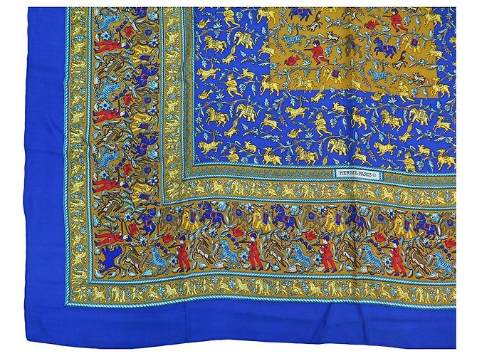 Hermès SCIALLE HERMES CHASSE IN INDIA 140 CM CACHEMIRE SETA BLU - vista 4