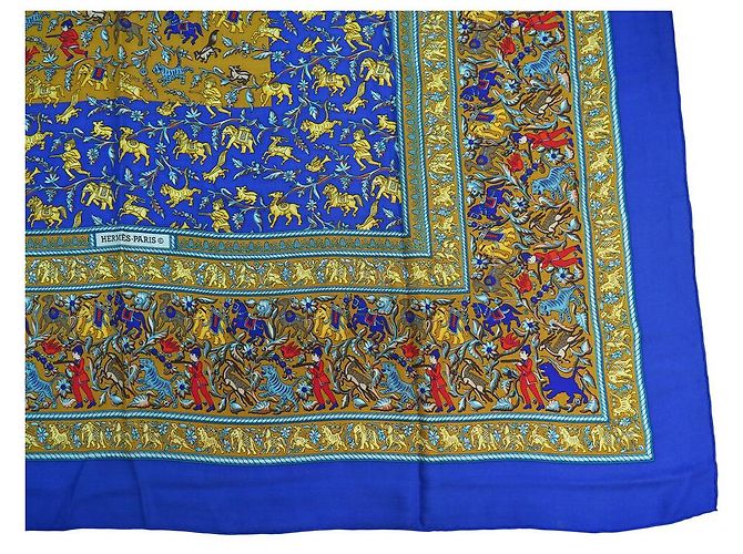 Hermès SCIALLE HERMES CHASSE IN INDIA 140 CM CACHEMIRE SETA BLU - vista 5