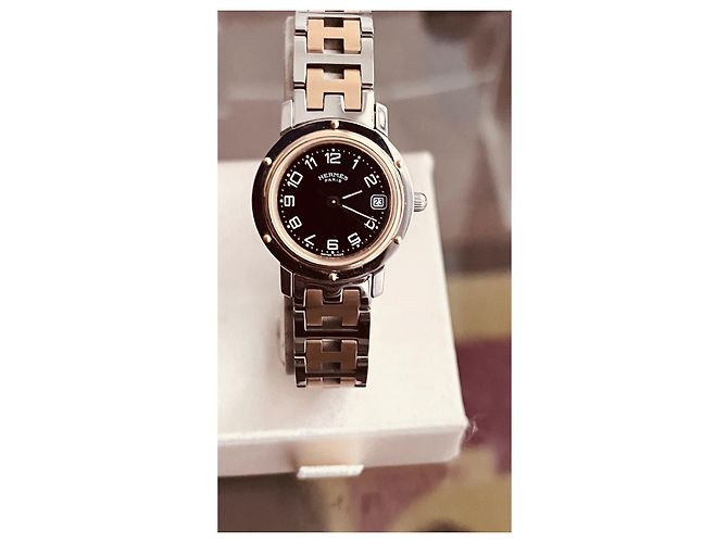 Orologio Hermès Clipper Sport oro e acciaio quadrante nero - vista 2