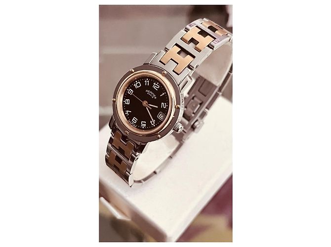Orologio Hermès Clipper Sport oro e acciaio quadrante nero - vista 4
