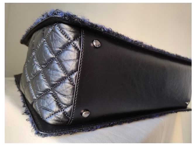 nova bolsa Grand Shopping Tote da Chanel em couro de bezerro e tweed Preto Azul escuro - vista 10