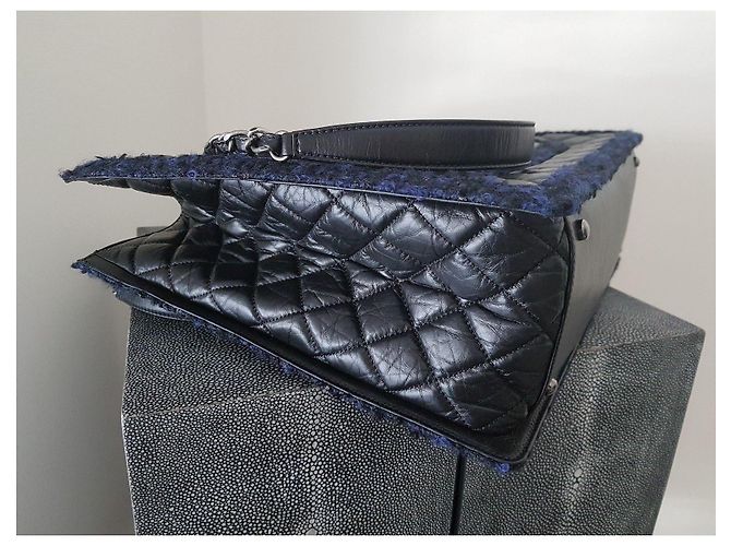 nova bolsa Grand Shopping Tote da Chanel em couro de bezerro e tweed Preto Azul escuro - vista 11