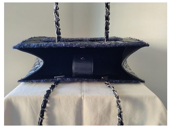 nova bolsa Grand Shopping Tote da Chanel em couro de bezerro e tweed Preto Azul escuro - vista 12
