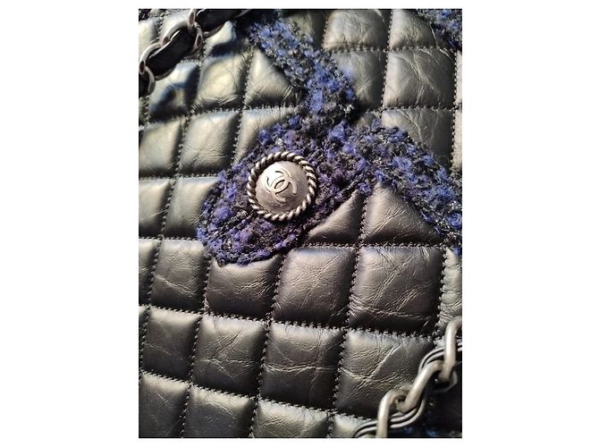 nova bolsa Grand Shopping Tote da Chanel em couro de bezerro e tweed Preto Azul escuro - vista 14