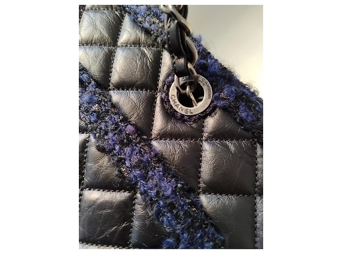 nova bolsa Grand Shopping Tote da Chanel em couro de bezerro e tweed Preto Azul escuro - vista 15