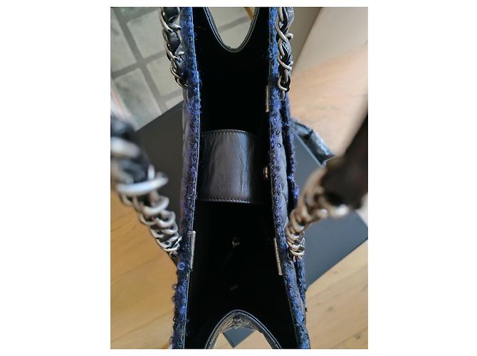 nova bolsa Grand Shopping Tote da Chanel em couro de bezerro e tweed Preto Azul escuro - vista 16