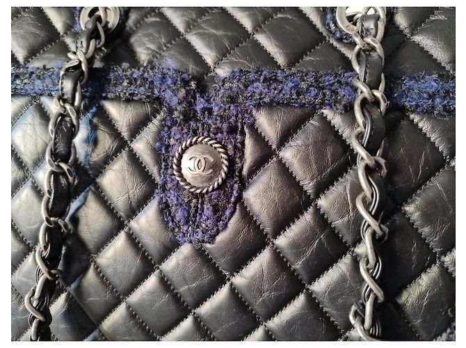 nova bolsa Grand Shopping Tote da Chanel em couro de bezerro e tweed Preto Azul escuro - vista 7