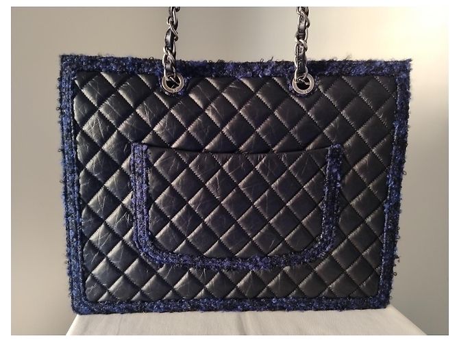 nova bolsa Grand Shopping Tote da Chanel em couro de bezerro e tweed Preto Azul escuro - vista 8