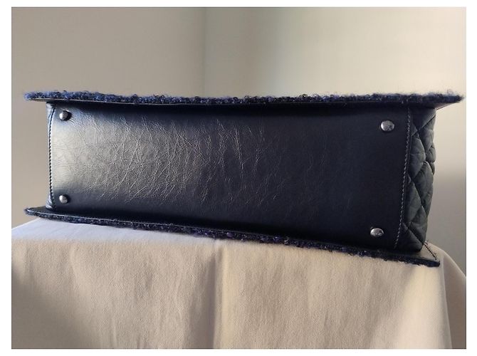 nova bolsa Grand Shopping Tote da Chanel em couro de bezerro e tweed Preto Azul escuro - vista 9