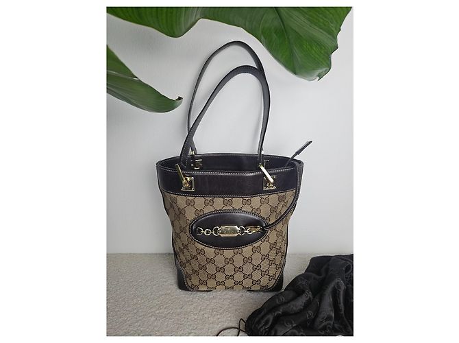 Borsa Gucci in tela e pelle marrone - vista 2