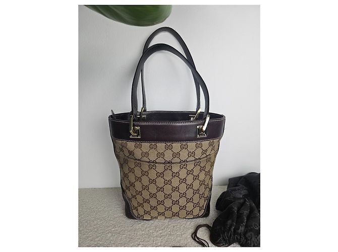 Borsa Gucci in tela e pelle marrone - vista 3