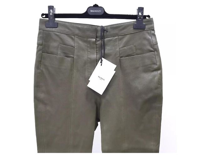 NWT Balmain Khaki Leather Slim Pants Sz.42 - view 2