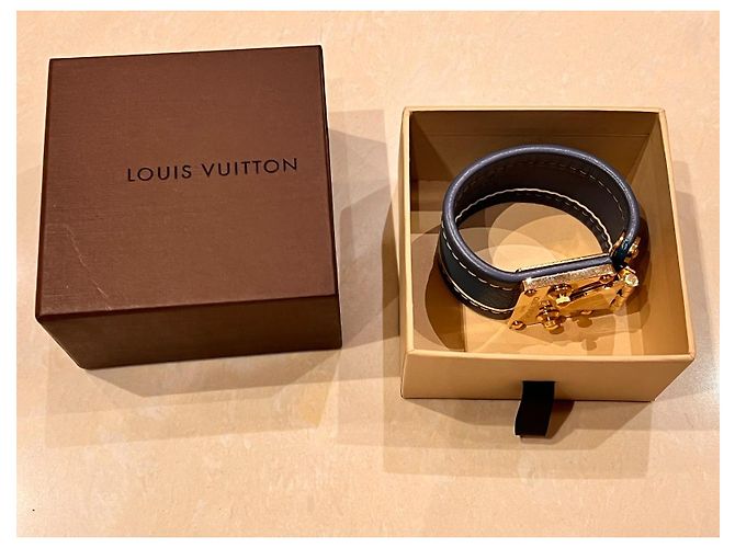 Bracciale rigido Louis Vuitton in pelle blu e metallo dorato - vista 10